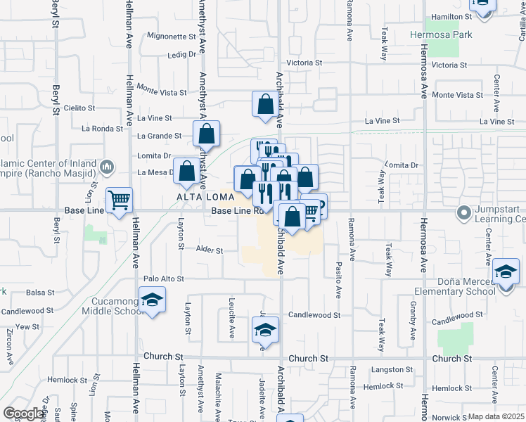 map of restaurants, bars, coffee shops, grocery stores, and more near 9640 Base Line Road in Rancho Cucamonga
