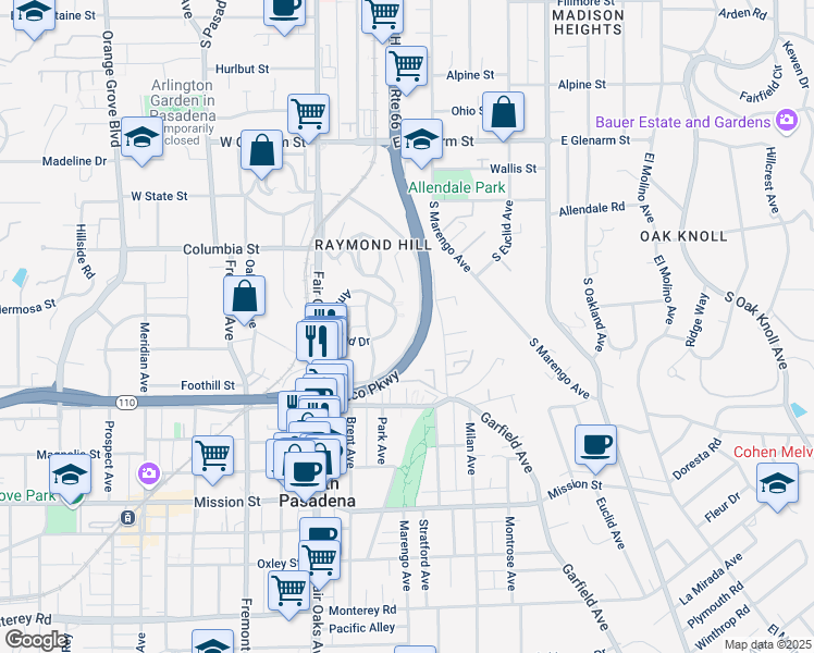 map of restaurants, bars, coffee shops, grocery stores, and more near 1600 Amberwood Drive in South Pasadena