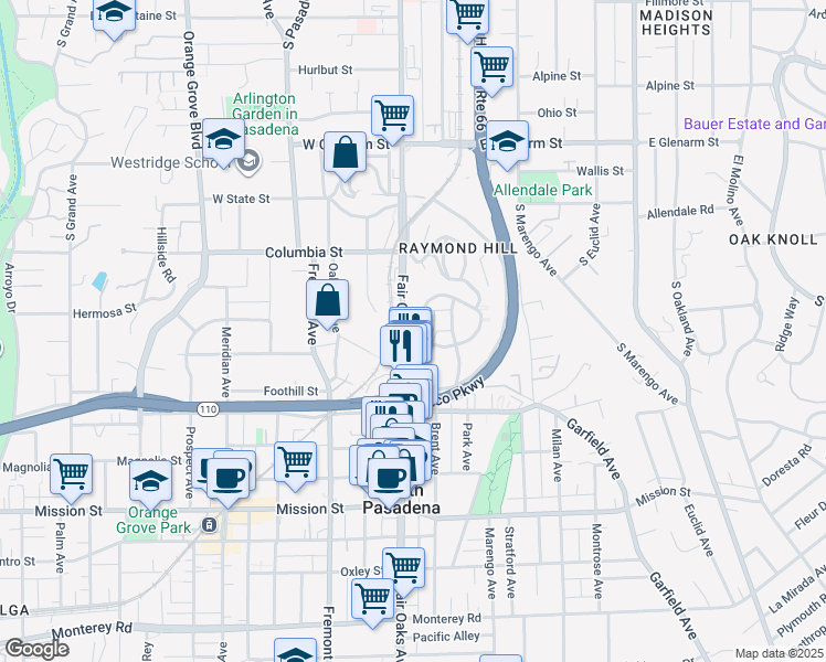 map of restaurants, bars, coffee shops, grocery stores, and more near 325 Fair Oaks Avenue in South Pasadena