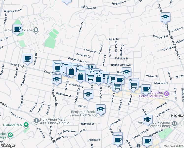 map of restaurants, bars, coffee shops, grocery stores, and more near 5256 Stratford Road in Los Angeles