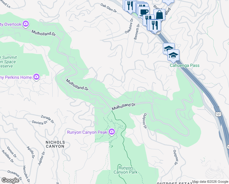 map of restaurants, bars, coffee shops, grocery stores, and more near 7335 Caverna Drive in Los Angeles
