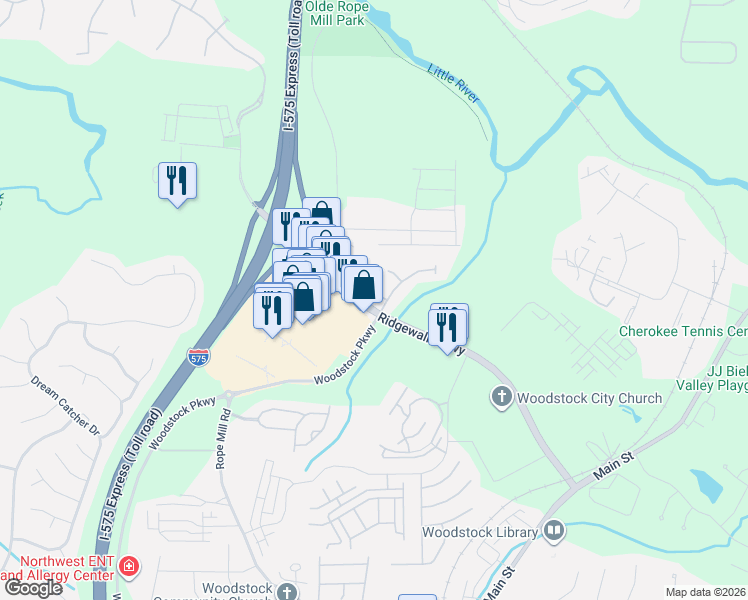 map of restaurants, bars, coffee shops, grocery stores, and more near 205 Freelon Lane in Woodstock