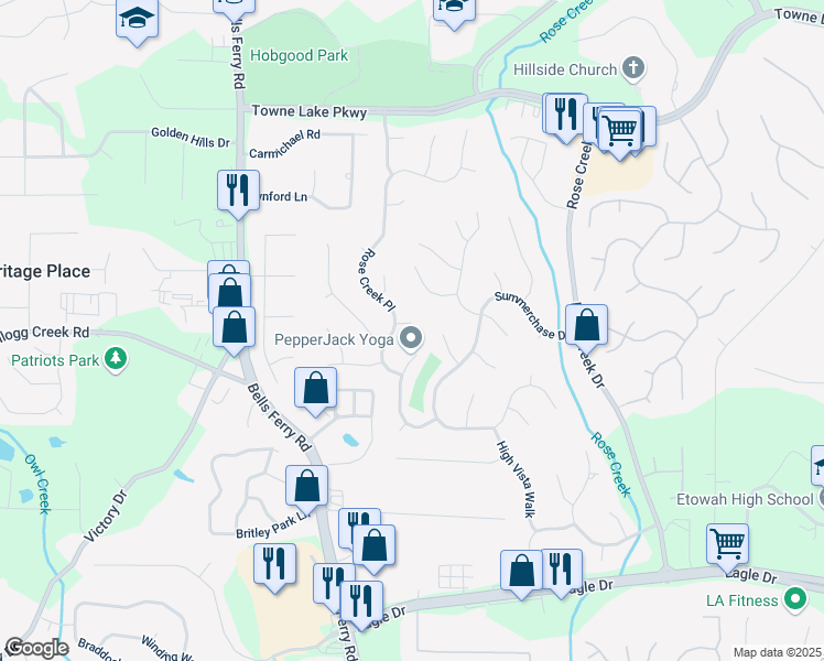 map of restaurants, bars, coffee shops, grocery stores, and more near 804 Rose Creek Walk in Woodstock