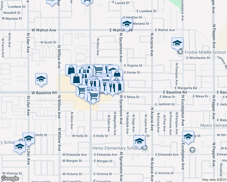 map of restaurants, bars, coffee shops, grocery stores, and more near 243 East Baseline Road in Rialto
