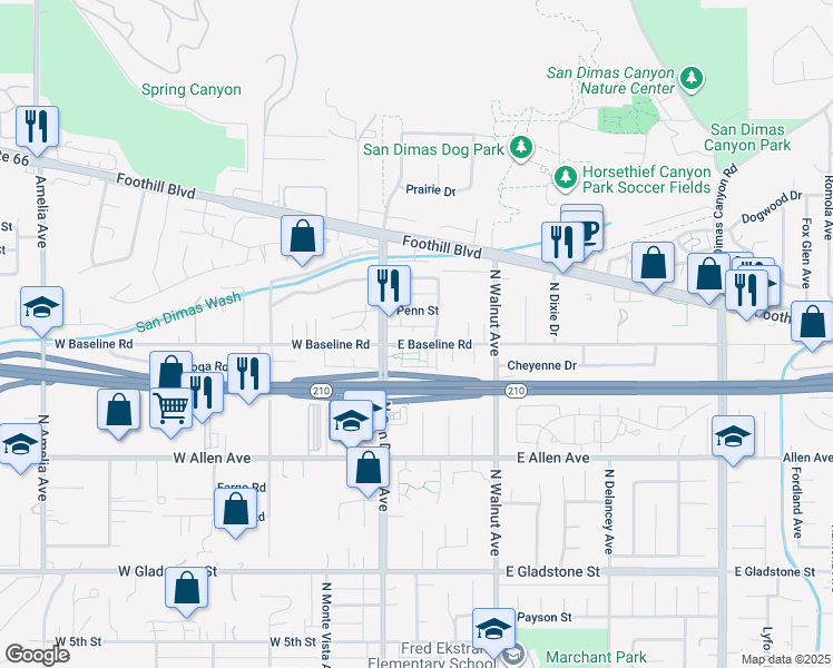 map of restaurants, bars, coffee shops, grocery stores, and more near 127 East Baseline Road in San Dimas
