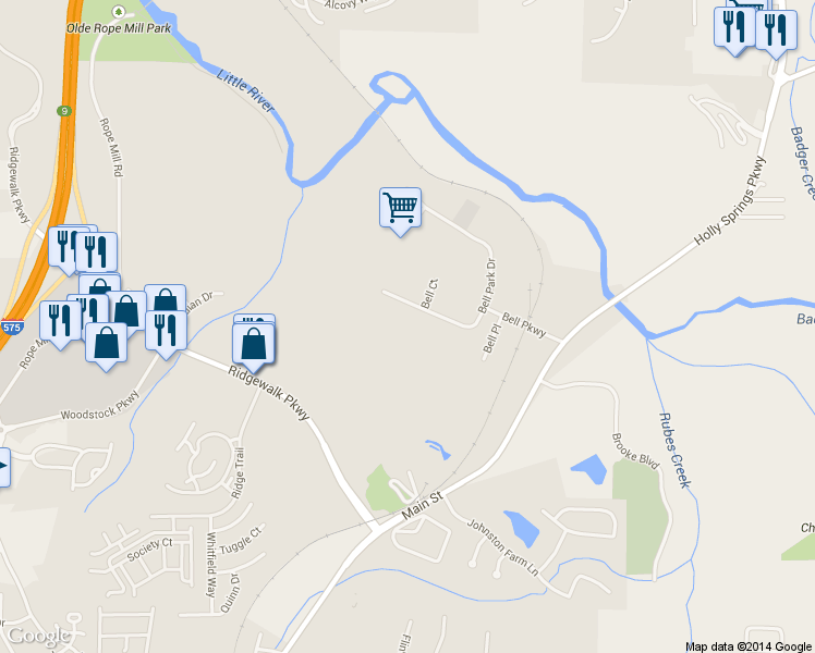 map of restaurants, bars, coffee shops, grocery stores, and more near 304 Bell Park Drive in Woodstock
