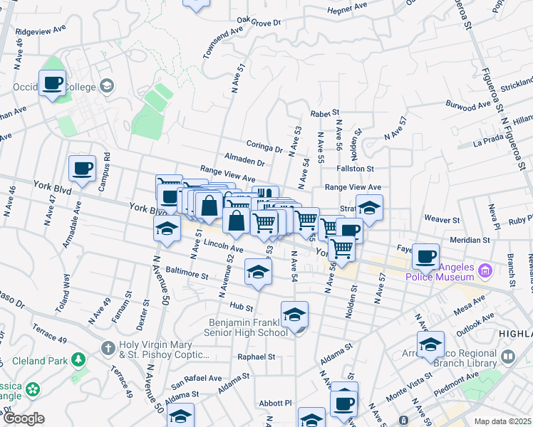 map of restaurants, bars, coffee shops, grocery stores, and more near 5243 Meridian Street in Los Angeles