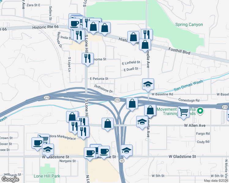map of restaurants, bars, coffee shops, grocery stores, and more near 955 Sandstone Drive in Glendora