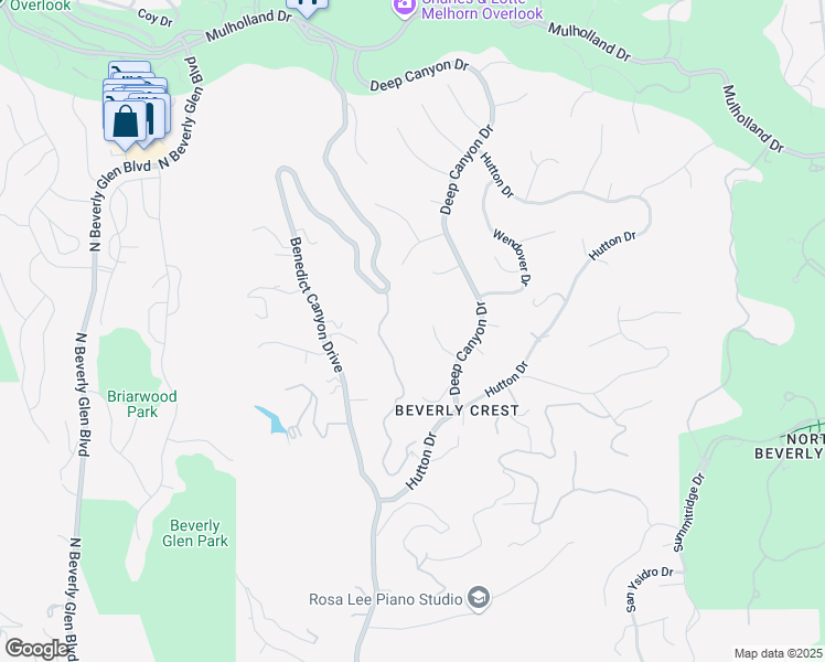 map of restaurants, bars, coffee shops, grocery stores, and more near 2880 Benedict Canyon Drive in Beverly Hills
