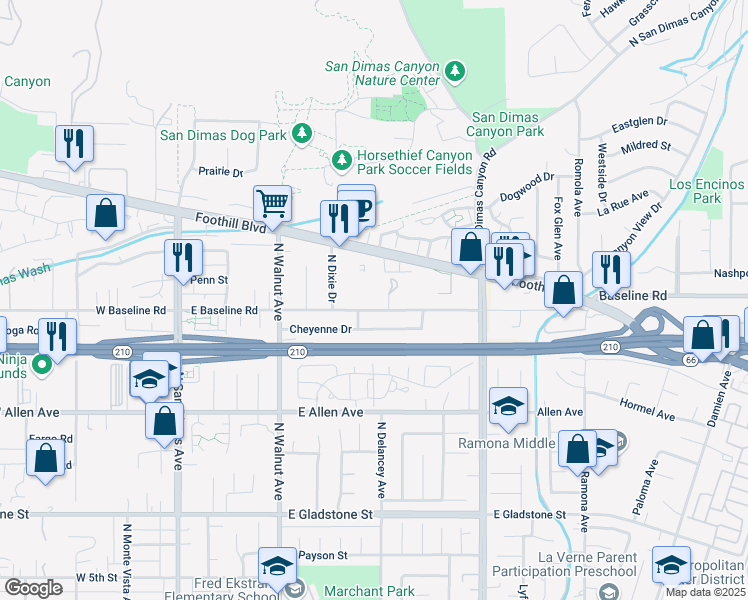 map of restaurants, bars, coffee shops, grocery stores, and more near 451 East Baseline Road in San Dimas