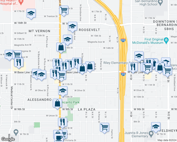 map of restaurants, bars, coffee shops, grocery stores, and more near 1100 West Base Line Street in San Bernardino