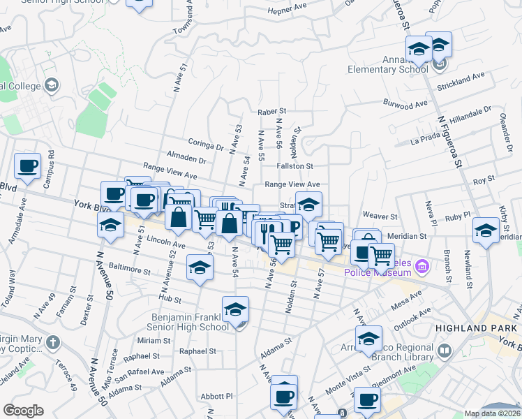 map of restaurants, bars, coffee shops, grocery stores, and more near 5512 Stratford Road in Los Angeles
