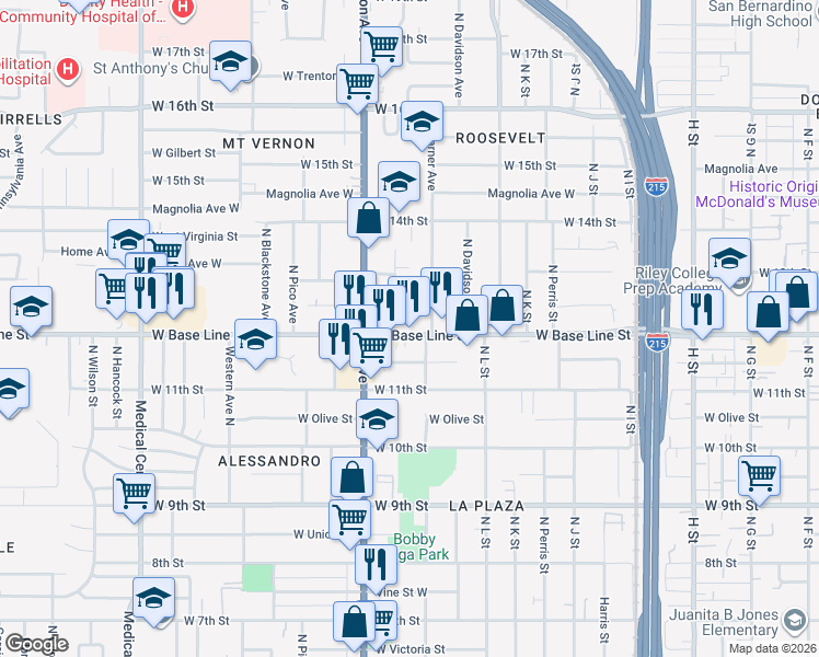 map of restaurants, bars, coffee shops, grocery stores, and more near 1232 West Base Line Street in San Bernardino