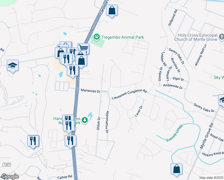 map of restaurants, bars, coffee shops, grocery stores, and more near 5935 Appomattox Dr in Wilmington
