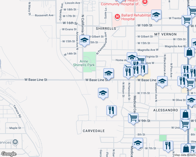 map of restaurants, bars, coffee shops, grocery stores, and more near 1057 North Pennsylvania Avenue in San Bernardino