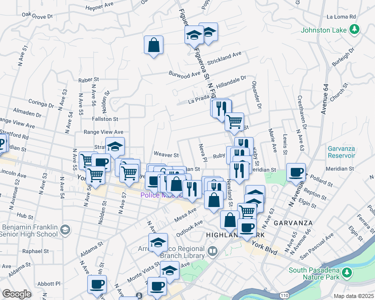 map of restaurants, bars, coffee shops, grocery stores, and more near 549 Meridian Terrace in Los Angeles
