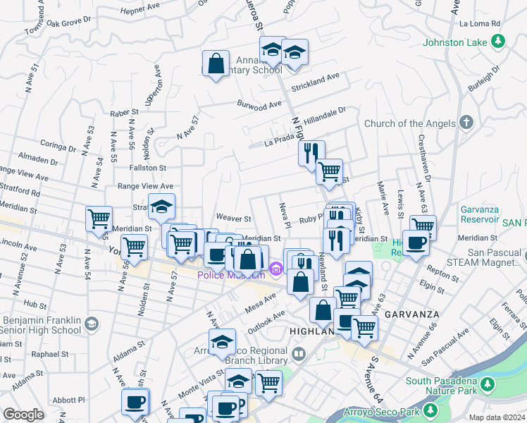 map of restaurants, bars, coffee shops, grocery stores, and more near 549 Meridian Terrace in Los Angeles