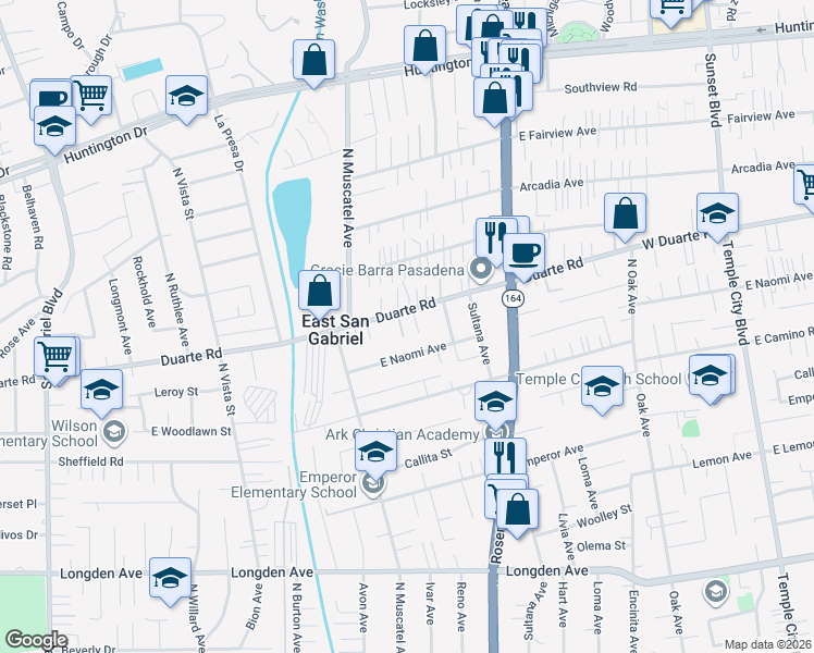 map of restaurants, bars, coffee shops, grocery stores, and more near 8826 Duarte Road in San Gabriel