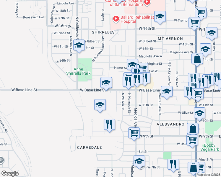 map of restaurants, bars, coffee shops, grocery stores, and more near in San Bernardino