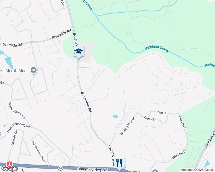 map of restaurants, bars, coffee shops, grocery stores, and more near 1310 Primrose Park Road in Sugar Hill