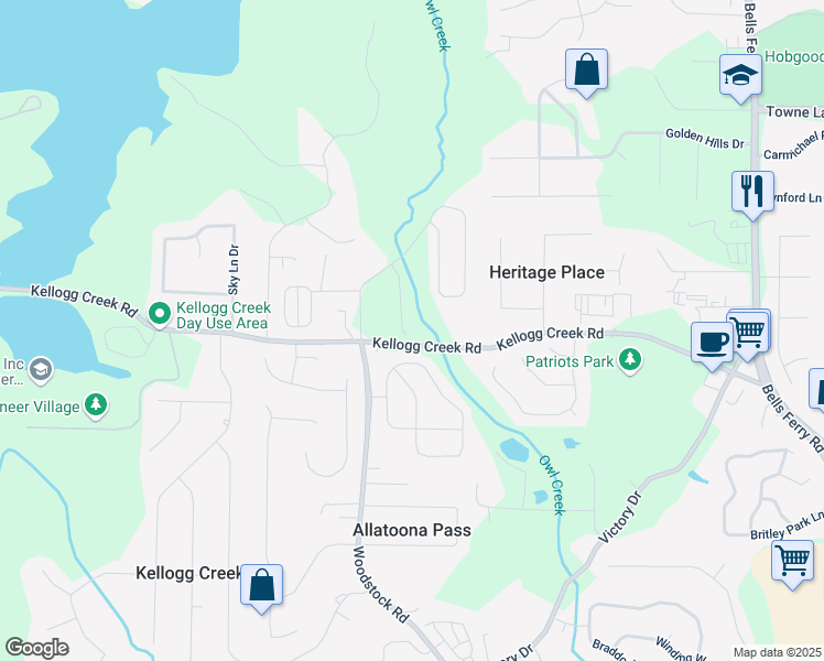 map of restaurants, bars, coffee shops, grocery stores, and more near 521 South Bound Court in Acworth