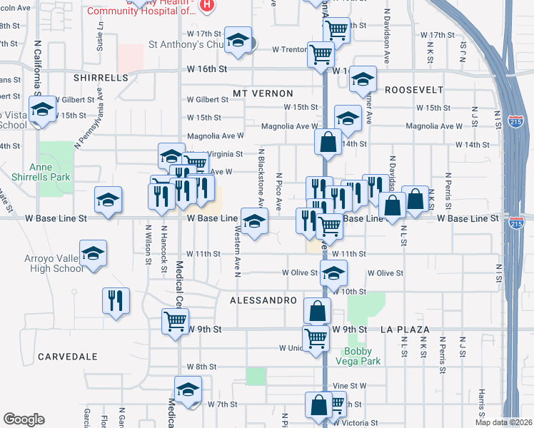 map of restaurants, bars, coffee shops, grocery stores, and more near 1456 West Base Line Street in San Bernardino
