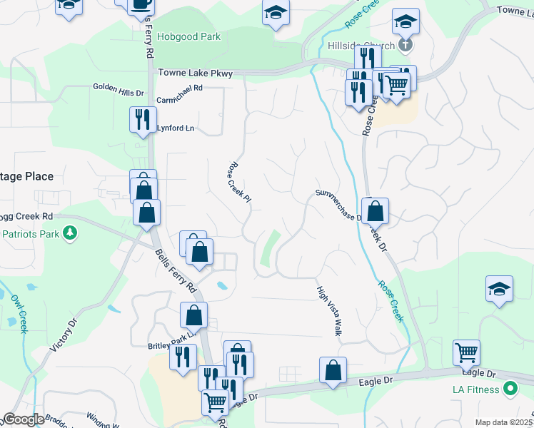 map of restaurants, bars, coffee shops, grocery stores, and more near 806 Rose Creek Walk in Woodstock