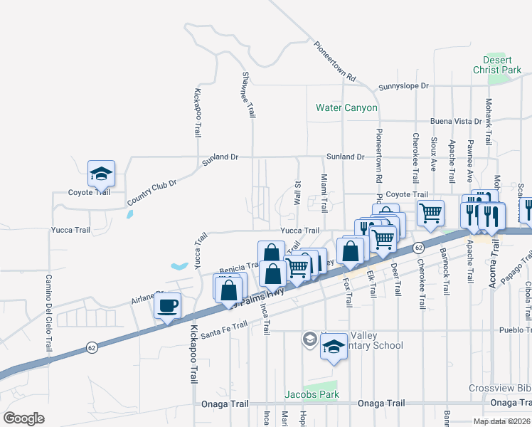map of restaurants, bars, coffee shops, grocery stores, and more near 55524 Yucca Trail in Yucca Valley
