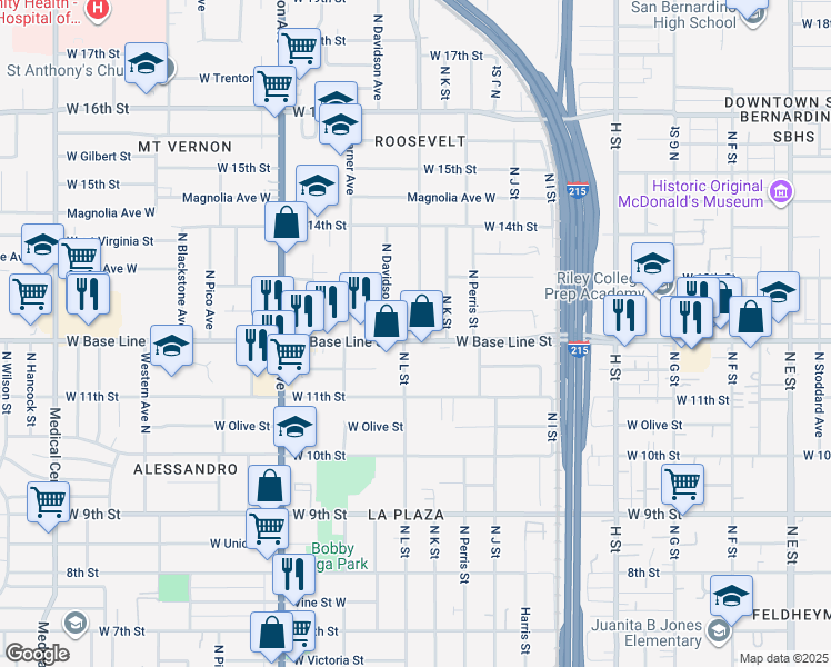 map of restaurants, bars, coffee shops, grocery stores, and more near 1100 West Base Line Street in San Bernardino