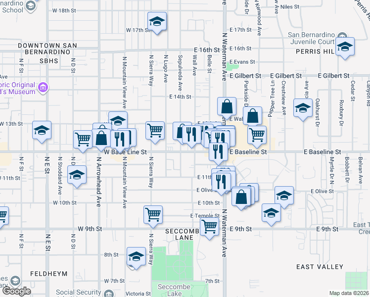 map of restaurants, bars, coffee shops, grocery stores, and more near 214 East Baseline Street in San Bernardino