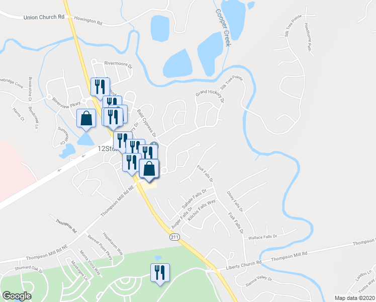 map of restaurants, bars, coffee shops, grocery stores, and more near 6415 Mossy Oak Landing in Braselton