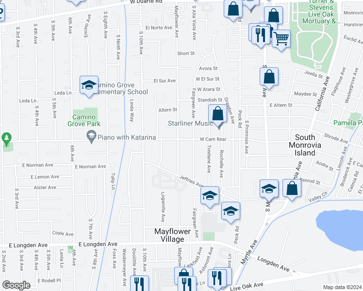 map of restaurants, bars, coffee shops, grocery stores, and more near 1610 South Mayflower Avenue in Arcadia