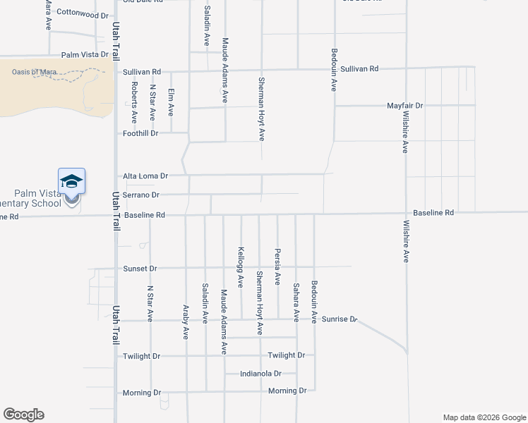 map of restaurants, bars, coffee shops, grocery stores, and more near 74895 Serrano Drive in Twentynine Palms