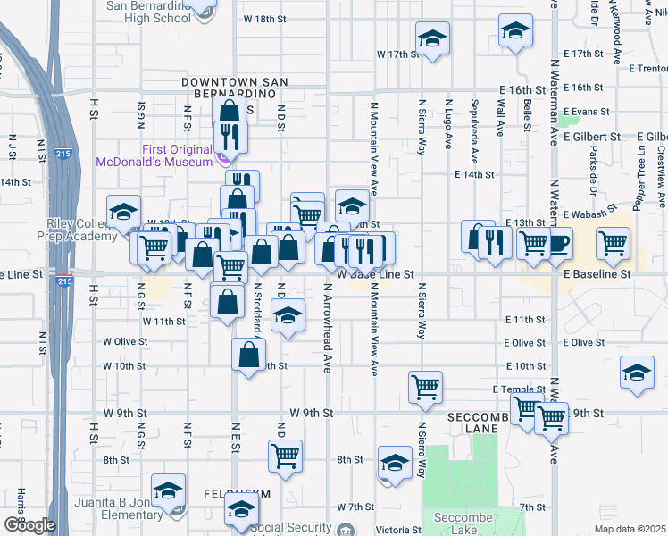 map of restaurants, bars, coffee shops, grocery stores, and more near 290 West Base Line Street in San Bernardino