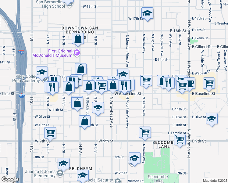 map of restaurants, bars, coffee shops, grocery stores, and more near 290 West Base Line Street in San Bernardino