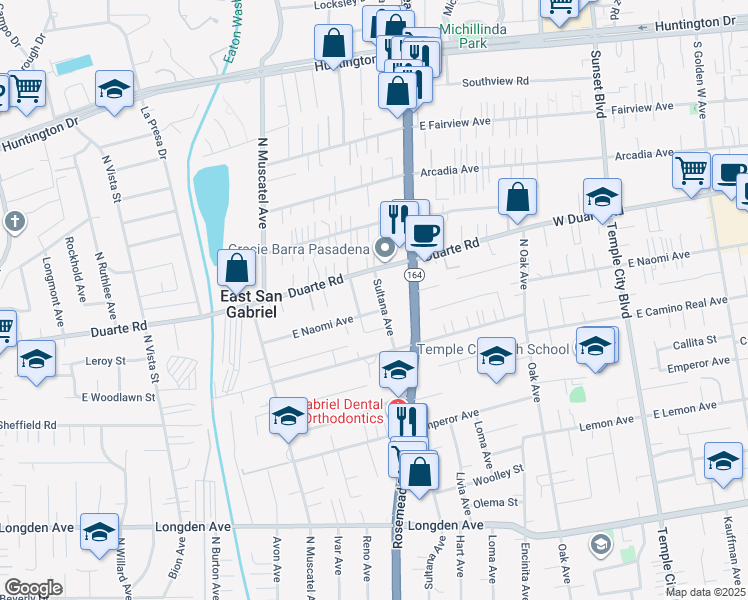 map of restaurants, bars, coffee shops, grocery stores, and more near 6817 Sultana Avenue in San Gabriel