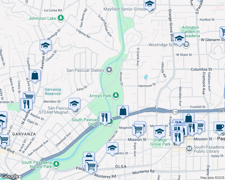 map of restaurants, bars, coffee shops, grocery stores, and more near 649 Stoney Drive in South Pasadena