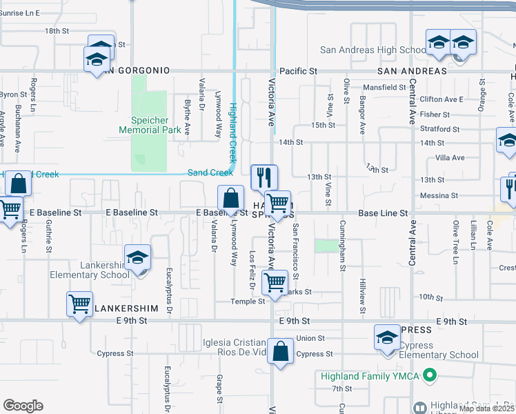 map of restaurants, bars, coffee shops, grocery stores, and more near 26468 Base Line Street in Highland