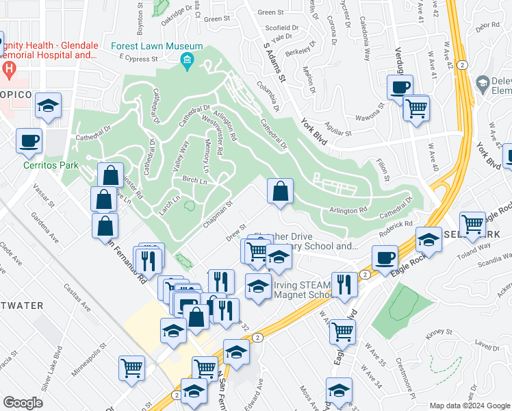 map of restaurants, bars, coffee shops, grocery stores, and more near 3415 Drew Street in Los Angeles
