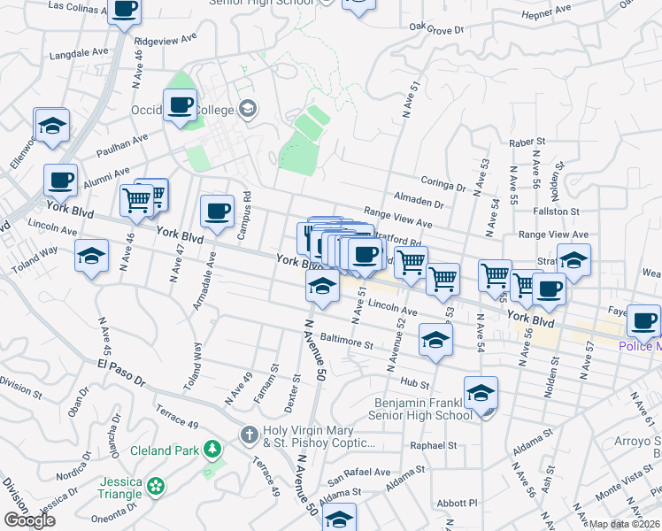 map of restaurants, bars, coffee shops, grocery stores, and more near 5020 Meridian Street in Los Angeles