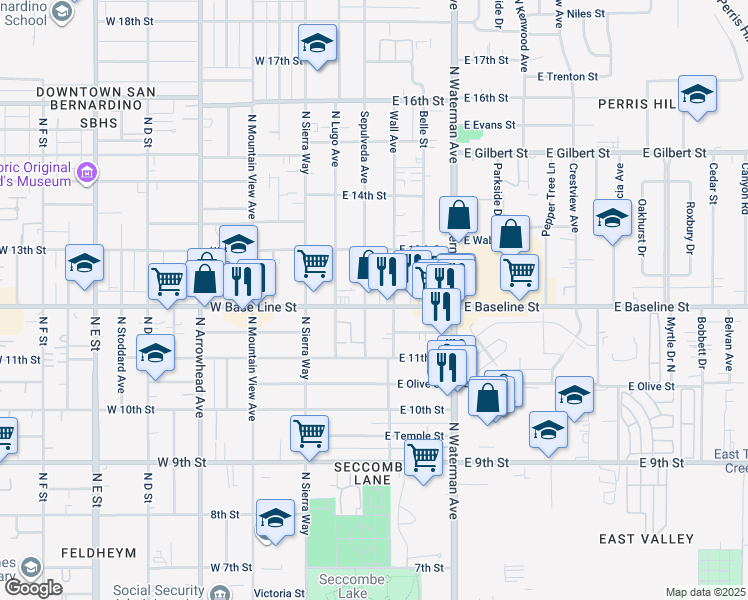map of restaurants, bars, coffee shops, grocery stores, and more near 1227 Sepulveda Avenue in San Bernardino