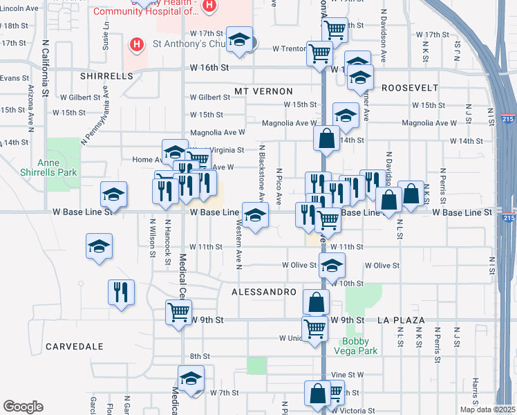 map of restaurants, bars, coffee shops, grocery stores, and more near 1208 North Blackstone Avenue in San Bernardino