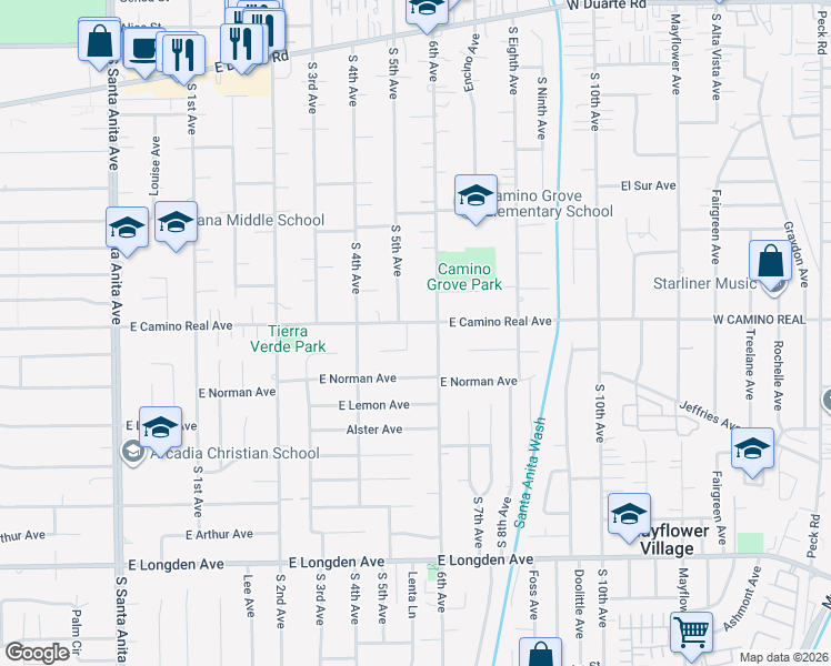map of restaurants, bars, coffee shops, grocery stores, and more near 1606 South 5th Avenue in Arcadia
