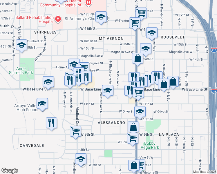 map of restaurants, bars, coffee shops, grocery stores, and more near 1208 North Blackstone Avenue in San Bernardino