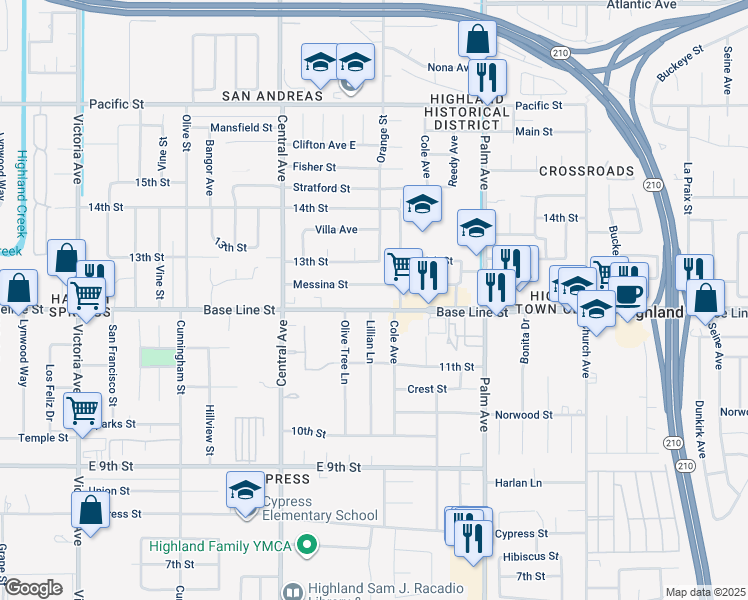 map of restaurants, bars, coffee shops, grocery stores, and more near 27095 Messina Street in Highland