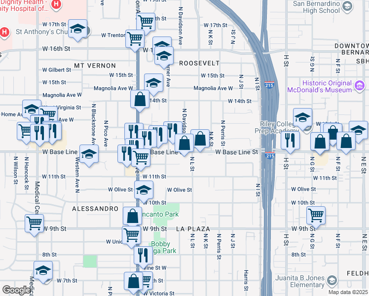 map of restaurants, bars, coffee shops, grocery stores, and more near 1184 West Base Line Street in San Bernardino