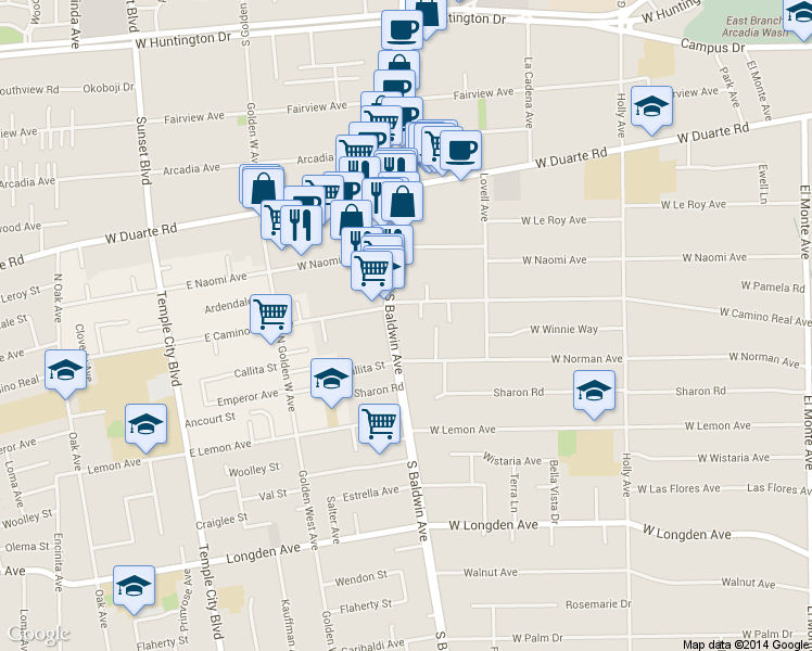 map of restaurants, bars, coffee shops, grocery stores, and more near 1510 South Baldwin Avenue in Arcadia