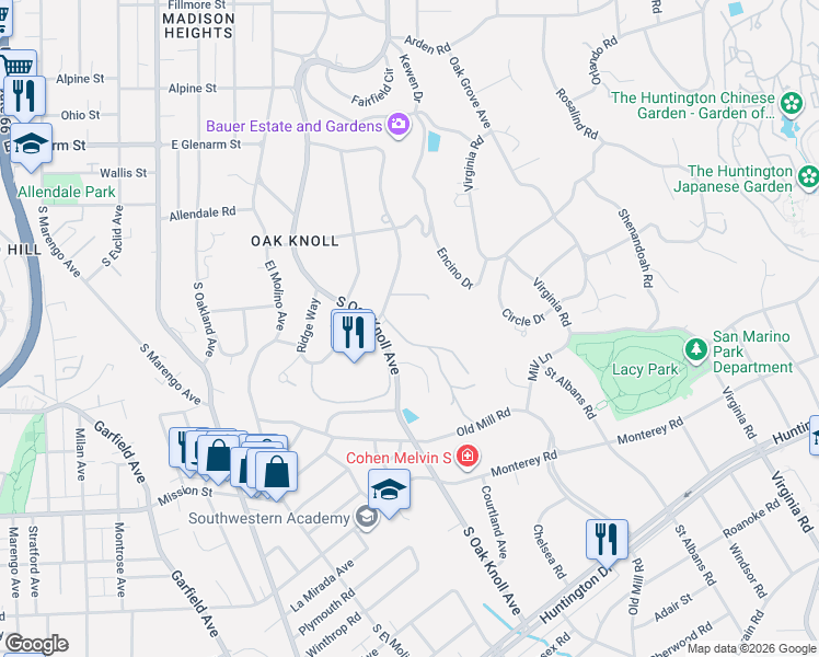 map of restaurants, bars, coffee shops, grocery stores, and more near 920 Hillcrest Place in Pasadena