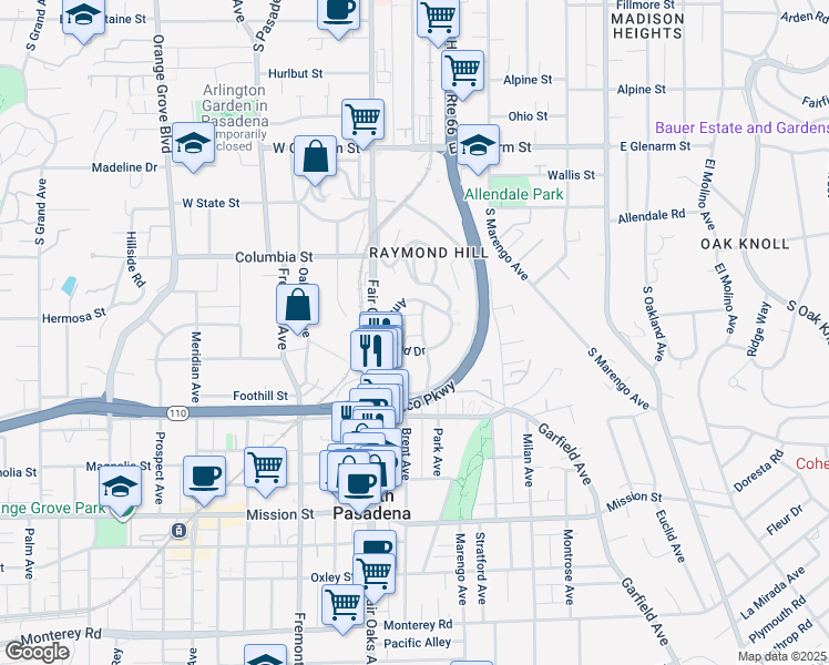 map of restaurants, bars, coffee shops, grocery stores, and more near 1660 Amberwood Drive in South Pasadena