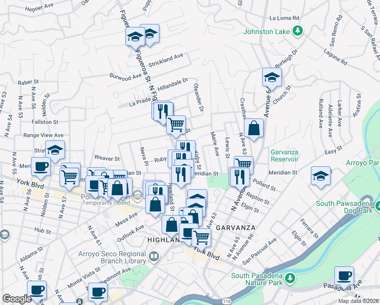 map of restaurants, bars, coffee shops, grocery stores, and more near 6177 Ruby Place in Los Angeles